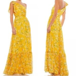 NWT Mac Duggal Sz 0 One Shoulder Chiffon Yellow Floral Gown 55427